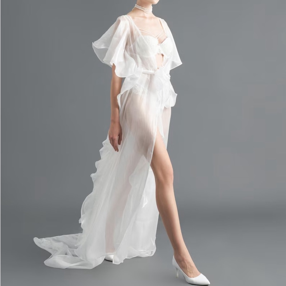Elegant White Glossy shiny Sheer Bridal Robe